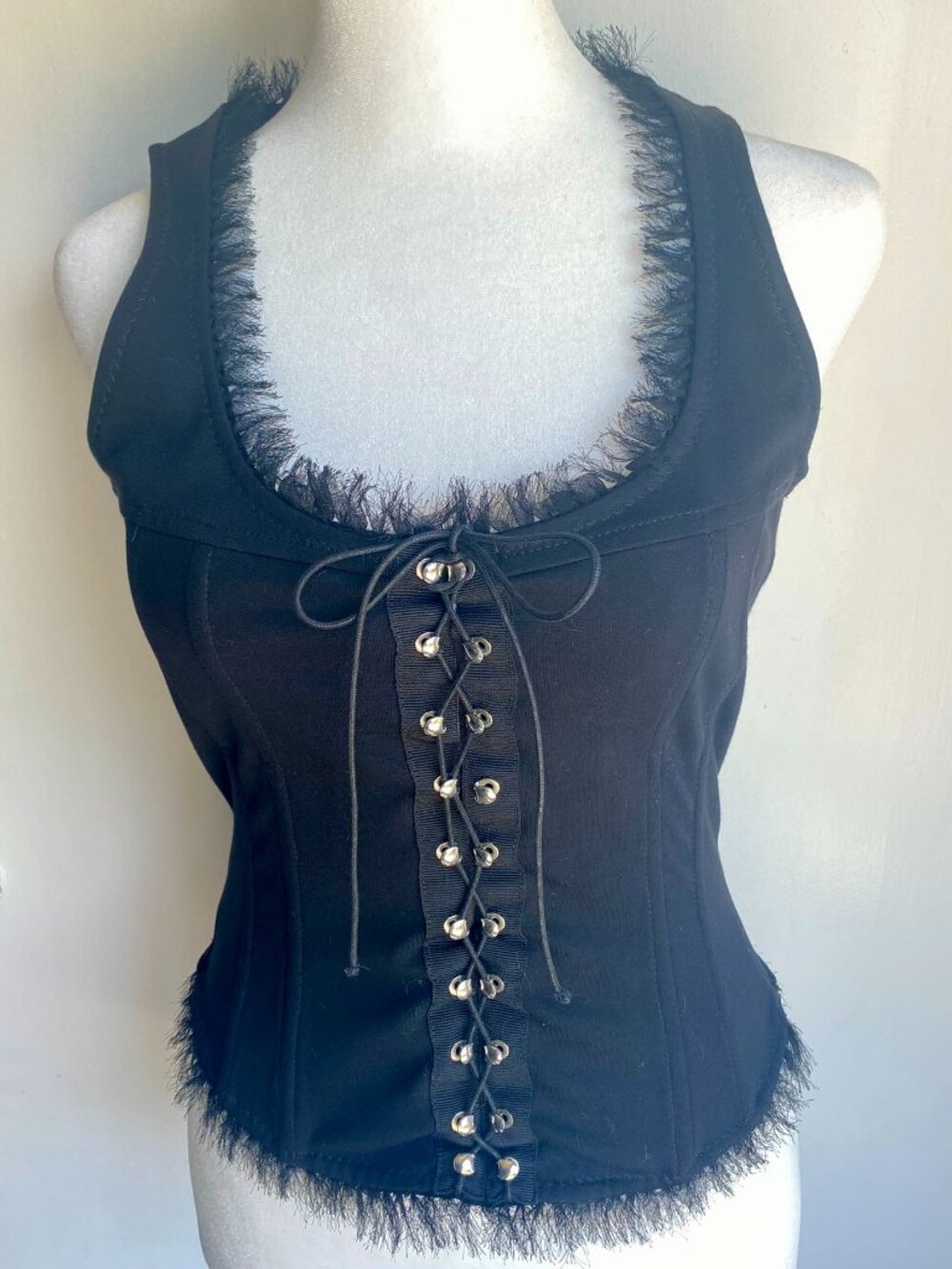 Versus Versace Vintage Black Lace‑Up Corset Top Fringe Trim, Size M